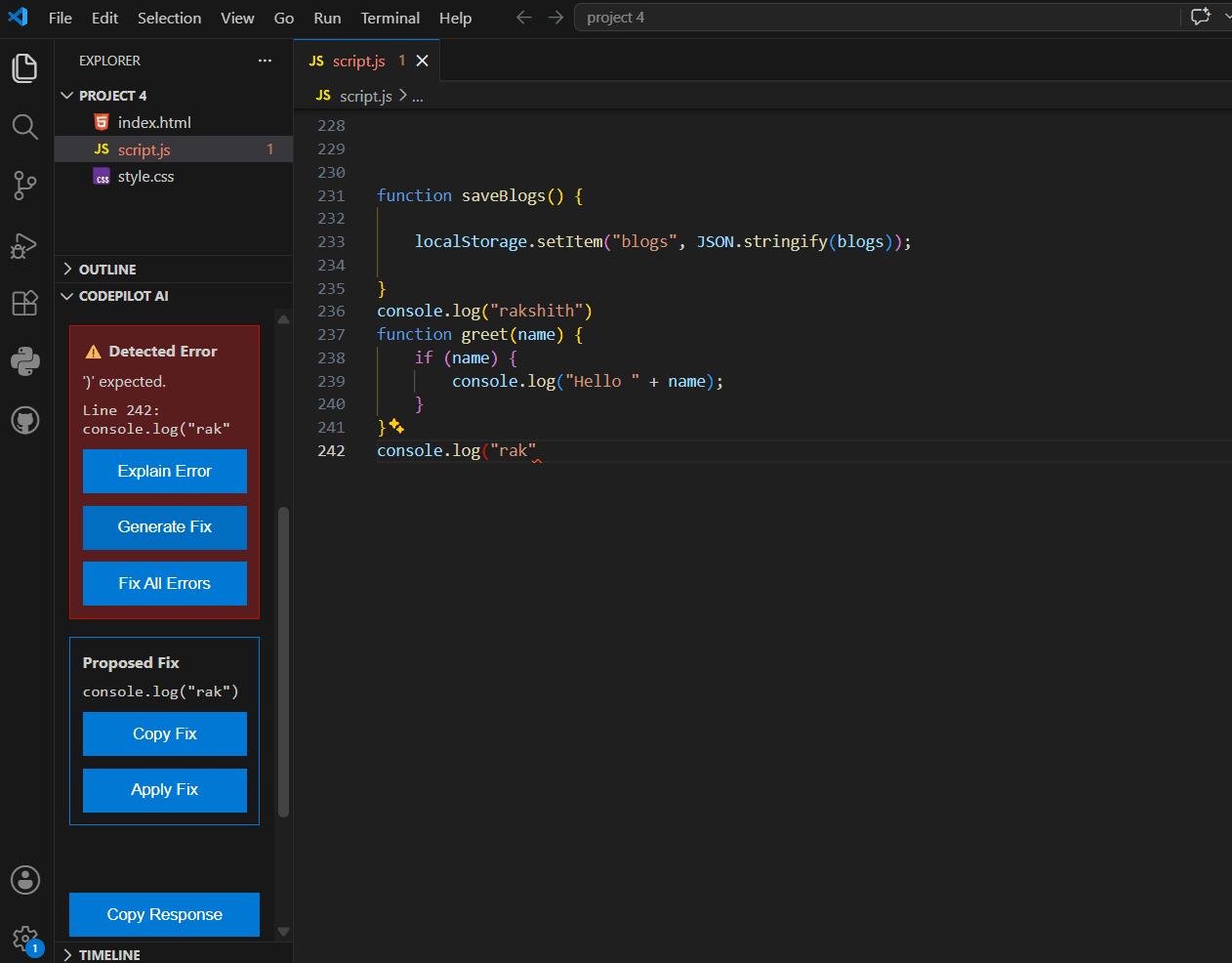CodePilot AI proposed fix preview inside VS Code